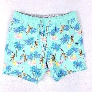 Party Pants Swim Trunks Mens M Aqua Tropical Monkey Palm Tree Beach Party Shorts